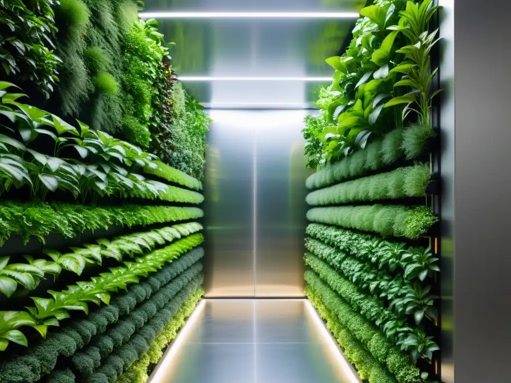 Un jardín vertical de última generación con manejo del clima, tecnología LED y plantas exuberantes en un ambiente moderno y tecnológico