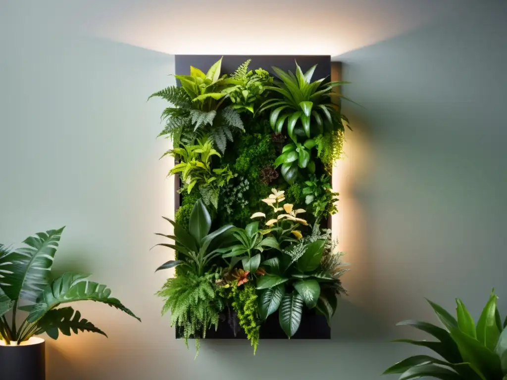 Un jardín vertical interior acuaponía con marcos negros y plantas verdes vibrantes iluminadas por suaves luces LED, creando una atmósfera serena e invitadora