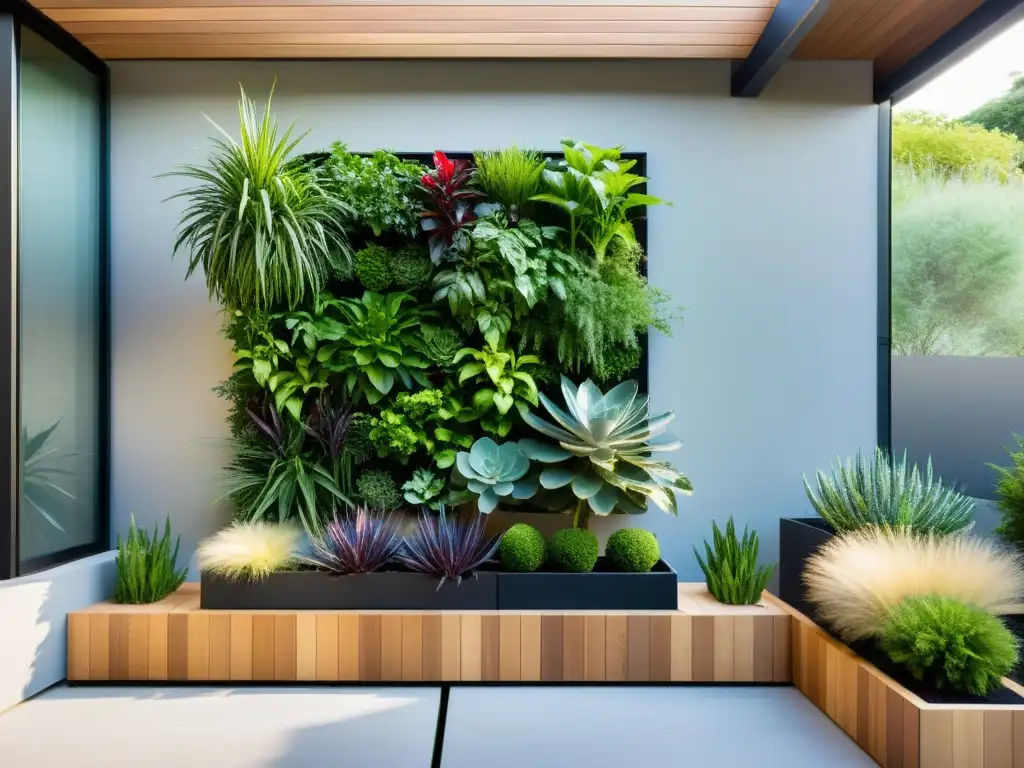 Un jardín vertical moderno y accesible, con plantas exuberantes y tecnología innovadora para huertos verticales accesibles para personas