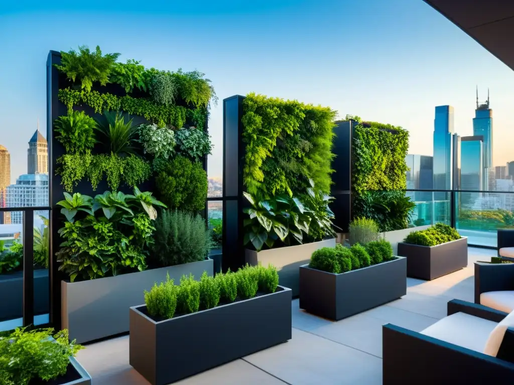 Un jardín vertical moderno en una azotea urbana con plantas exuberantes en macetas verticales, integrando naturaleza y modernidad en el espacio