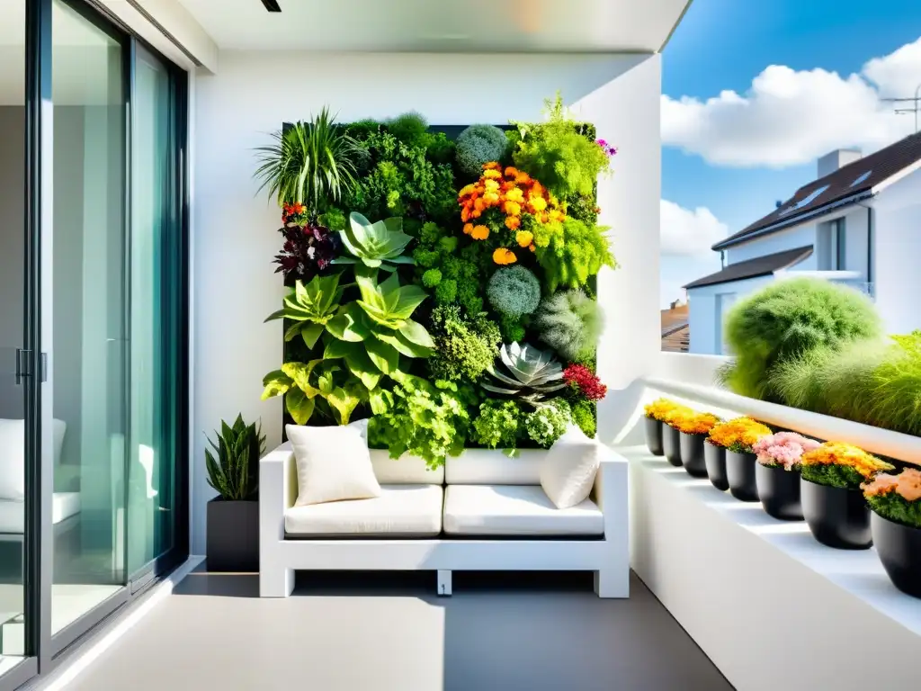 Un jardín vertical moderno en un balcón minimalista, con plantas exuberantes y flores vibrantes en un diseño creativo y eficiente