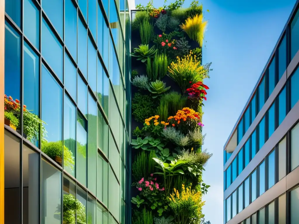 Un jardín vertical moderno con beneficios terapéuticos, un oasis urbano con plantas vibrantes y flores coloridas en contraste con la arquitectura moderna