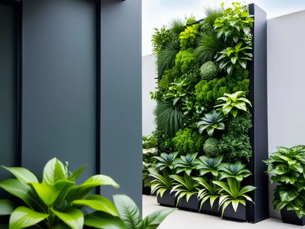 Un jardín vertical moderno desafiando climas extremos con plantas exuberantes y diseño ingenioso