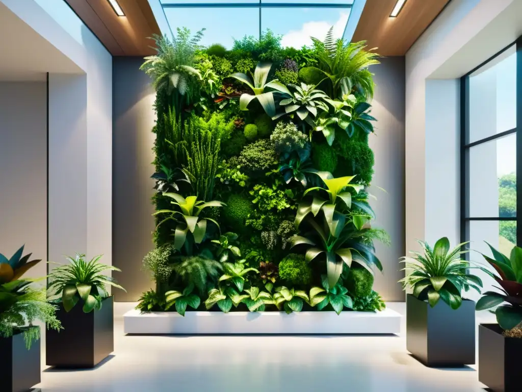 Jardín vertical moderno con control de humedad integrado, exudando tranquilidad e innovación