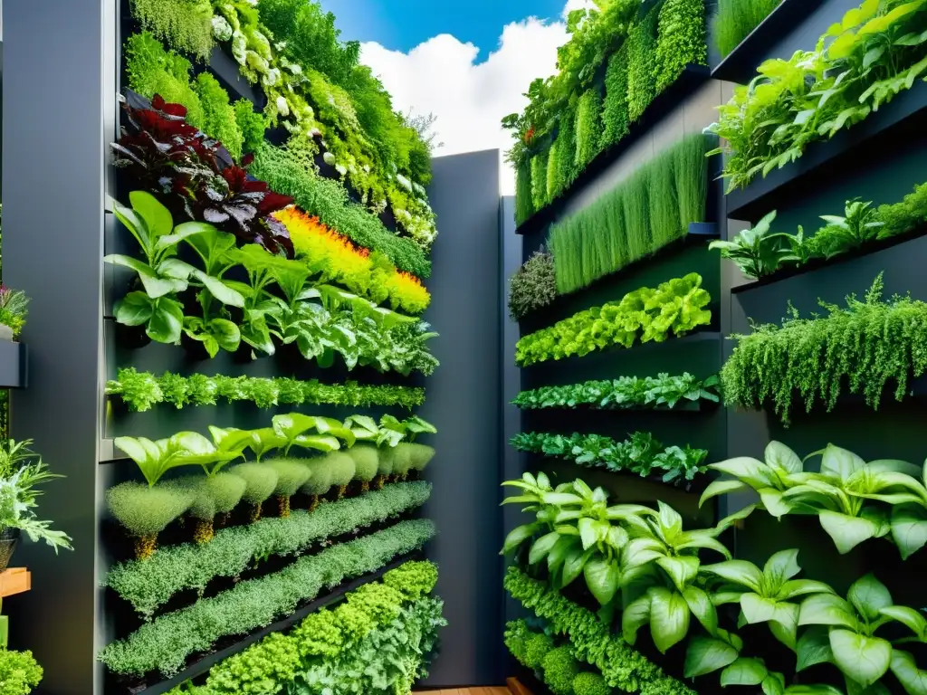 Un jardín vertical moderno y detallado con verduras y hierbas exuberantes en un entorno urbano