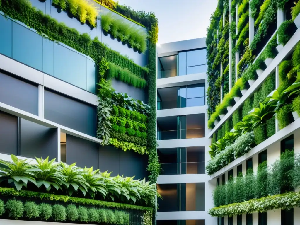 Un jardín vertical moderno en armonía con un edificio futurista, destacando el impacto social de los huertos verticales urbanos