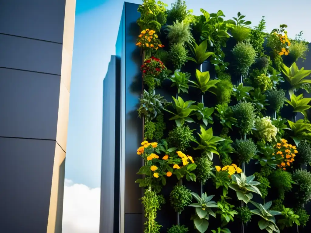 Un jardín vertical moderno en un edificio urbano, con plantas exuberantes y un sistema de riego innovador