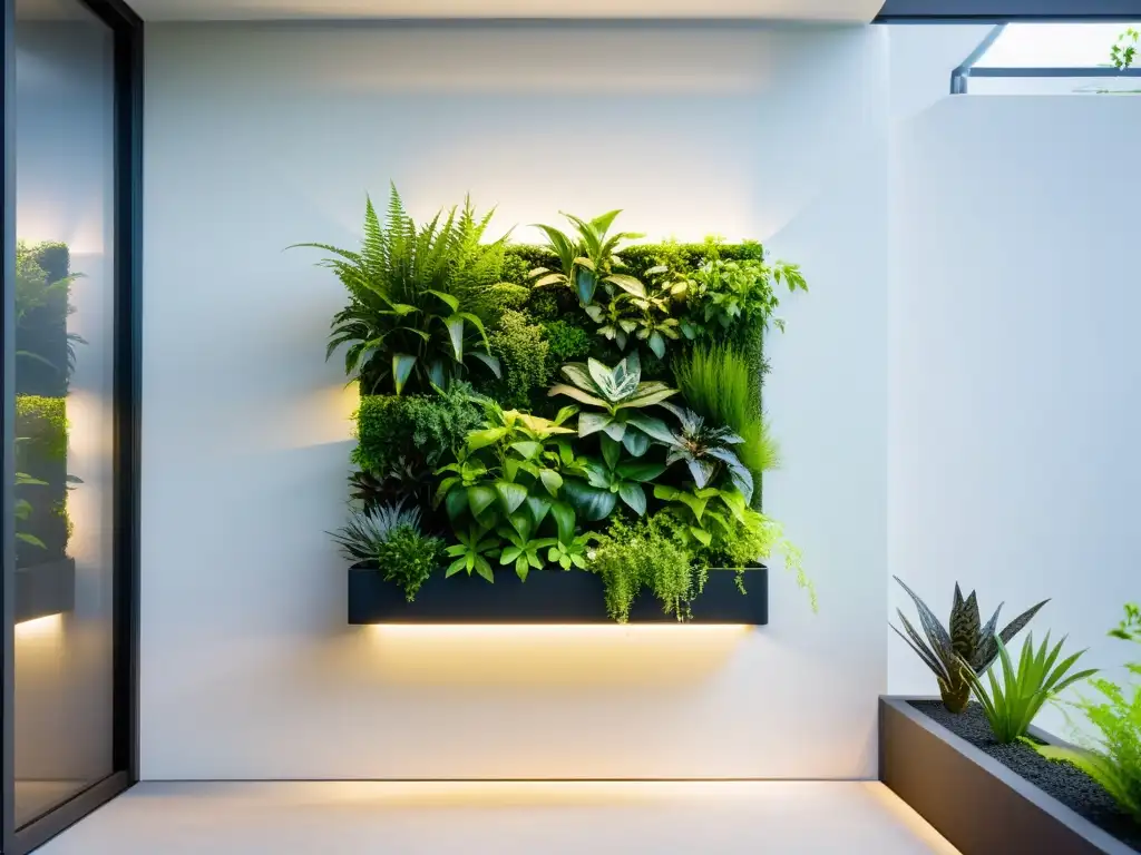 Un jardín vertical moderno y eficiente con exuberante vegetación, diseño innovador y sistemas de irrigación integrados