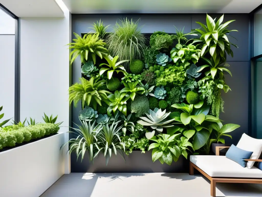 Jardín vertical moderno y minimalista con plantas vibrantes Un jardín vertical moderno y eficiente, con plantas exuberantes en diseño minimalista