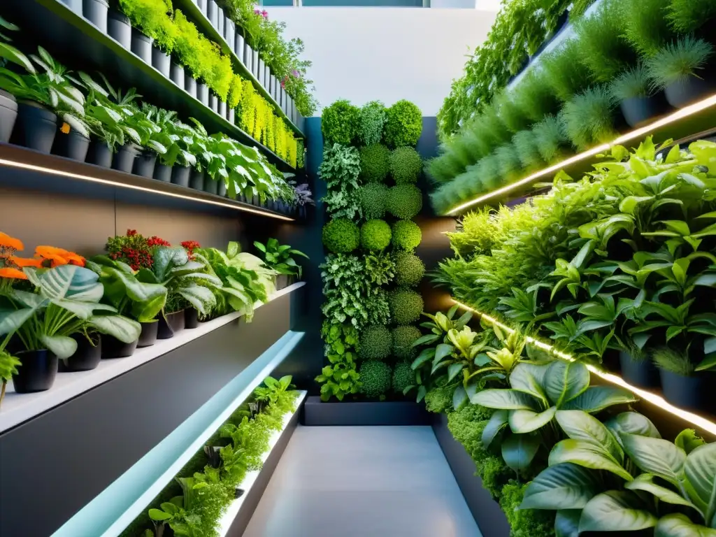 Un jardín vertical moderno y eficiente con variedad de plantas exuberantes, muestra la integración de técnicas para optimizar huerto vertical