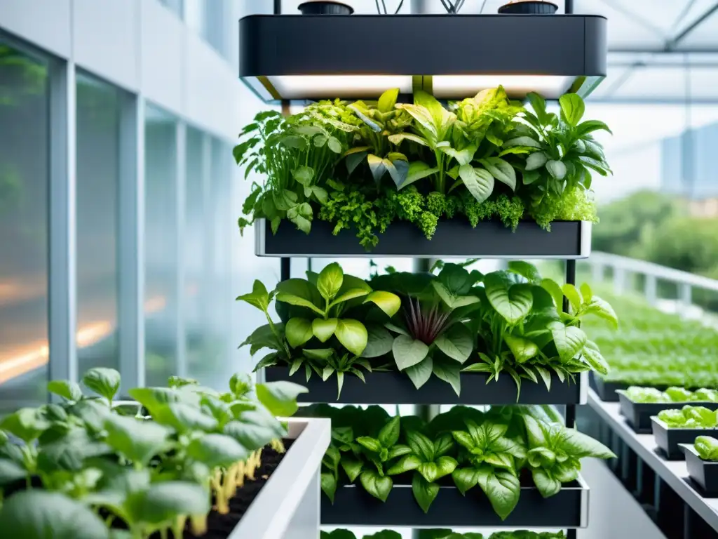 Un jardín hidropónico vertical moderno y eficiente, resaltando las ventajas de los huertos verticales hidropónicos