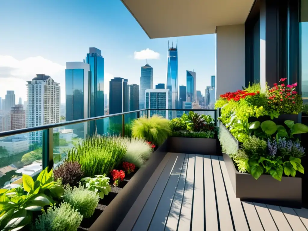 Un jardín vertical moderno y elegante en un balcón de un apartamento urbano, con plantas verdes exuberantes y la ciudad de fondo