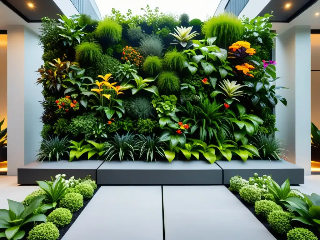 Un jardín vertical moderno y elegante con exuberante vegetación y flores vibrantes, destacando materiales recomendados para jardines verticales