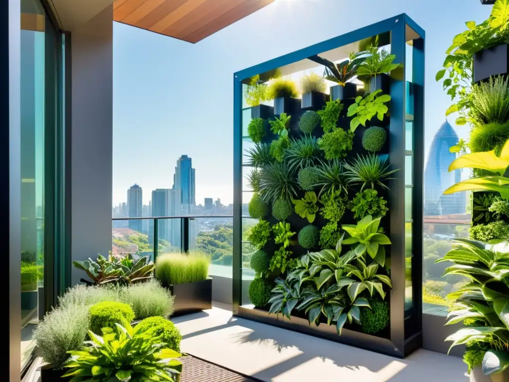 Un jardín vertical moderno y elegante hecho de metal y vidrio, con una variedad de plantas verdes vibrantes