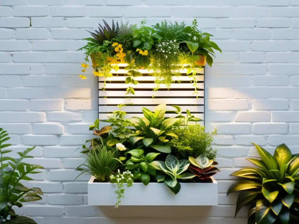 Un jardín vertical moderno y elegante con hierbas, verduras y flores en un diseño simétrico