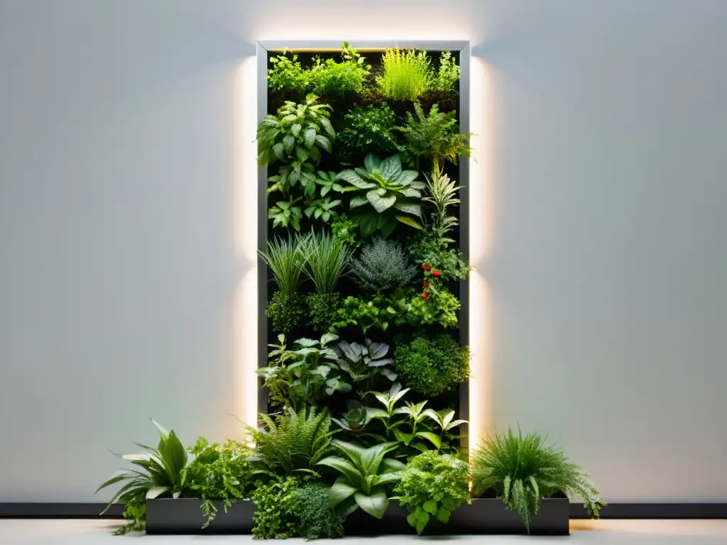 Un jardín vertical moderno y elegante con hierbas y verduras, iluminado por suaves luces LED cálidas en un espacio urbano