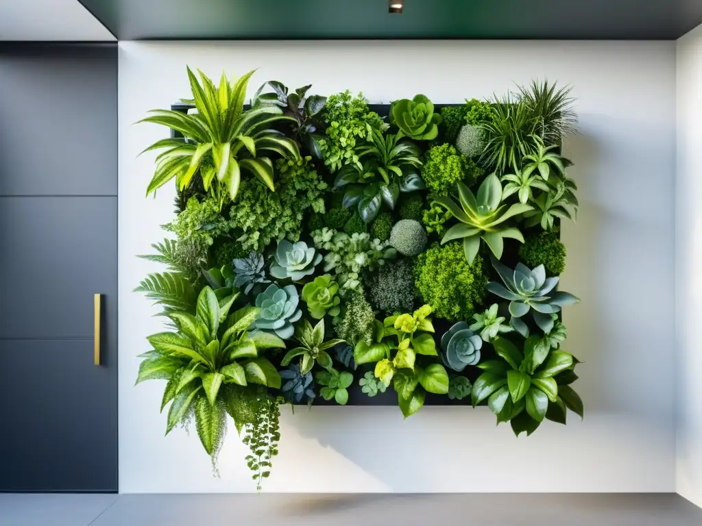 Un jardín vertical moderno y elegante con huertos verticales materiales construcción, lleno de vegetación exuberante en una pared blanca