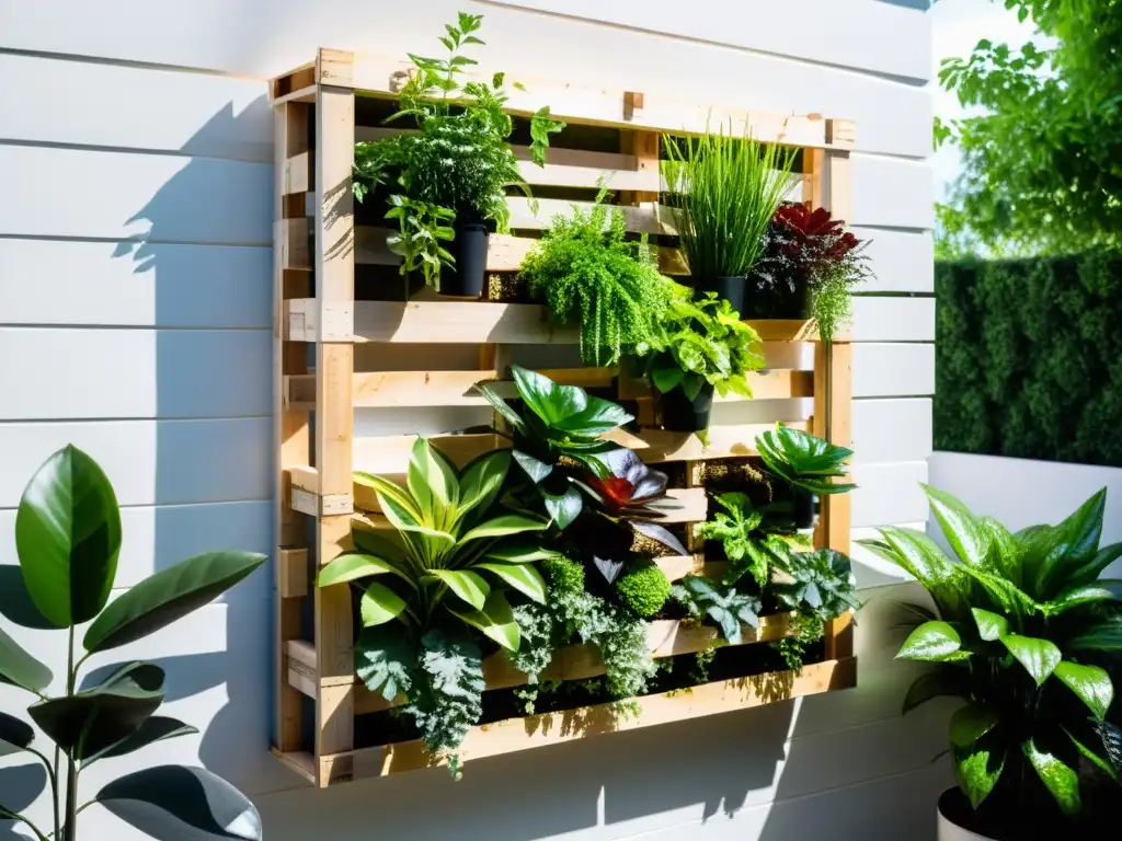 Un jardín vertical moderno y elegante con huertos verticales con palets, lleno de plantas verdes vibrantes en un muro de ladrillo blanco