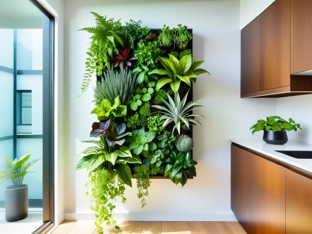 Un jardín vertical moderno y elegante en un luminoso apartamento, con una variedad de exuberantes plantas verdes que crecen contra una pared blanca