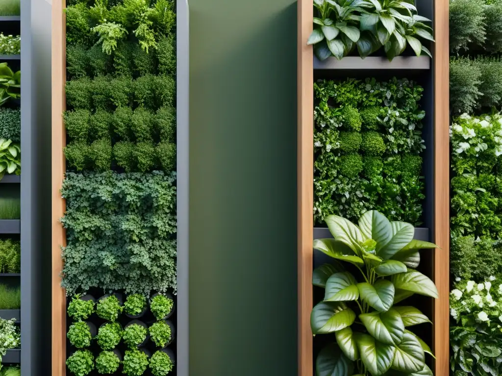 Un jardín vertical moderno y elegante con materiales recomendados para jardines verticales, exudando innovación y elegancia contemporánea