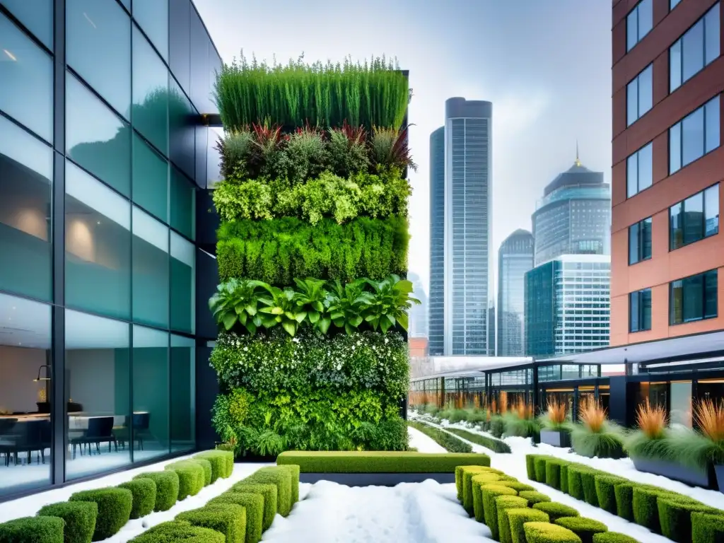 Un jardín vertical moderno y elegante contrasta con el paisaje urbano nevado, mostrando el manejo de huertos verticales en frío