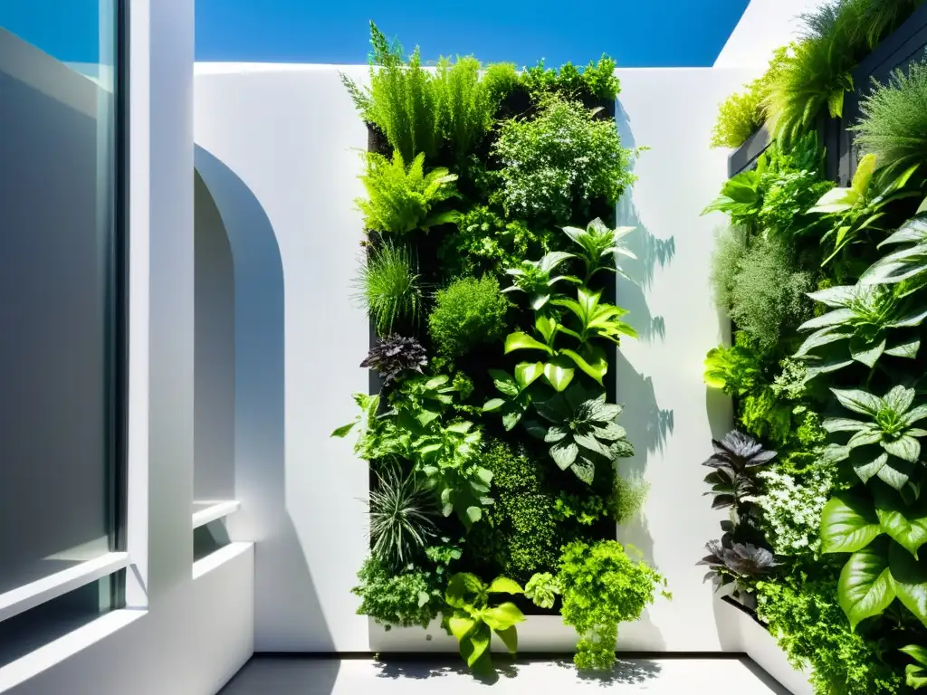 Un jardín vertical moderno y elegante con plantas verdes vibrantes y hierbas en una pared blanca con patrón geométrico