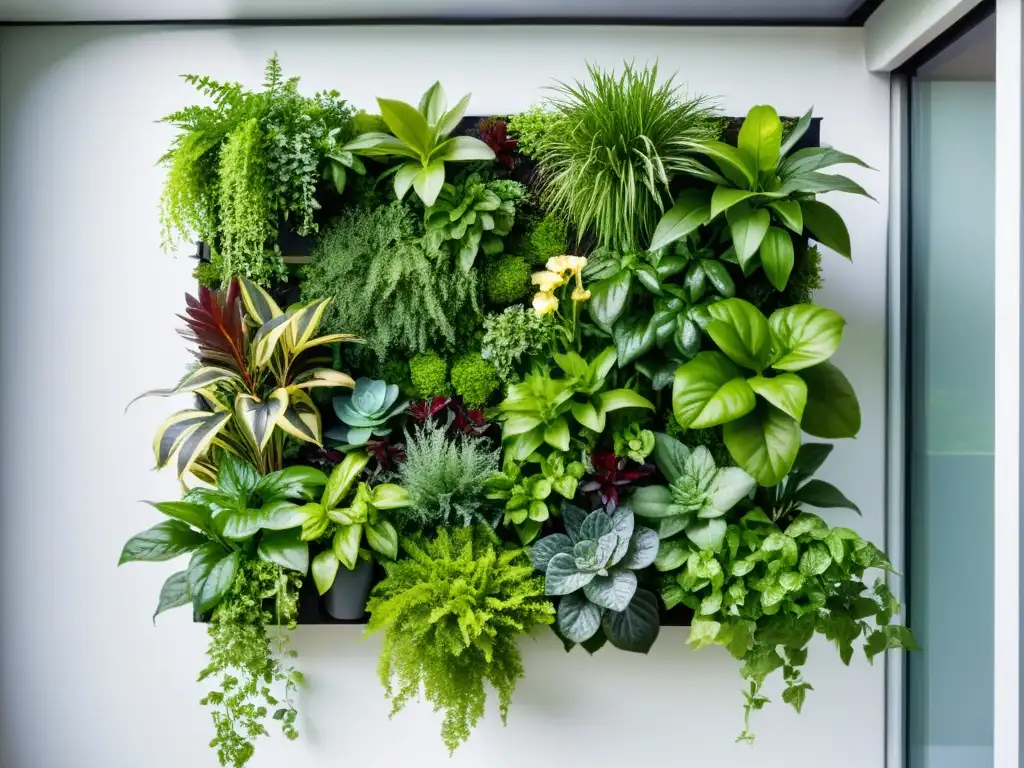 Un jardín vertical moderno y elegante con plantas exuberantes y verdes dispuestas en un patrón simétrico