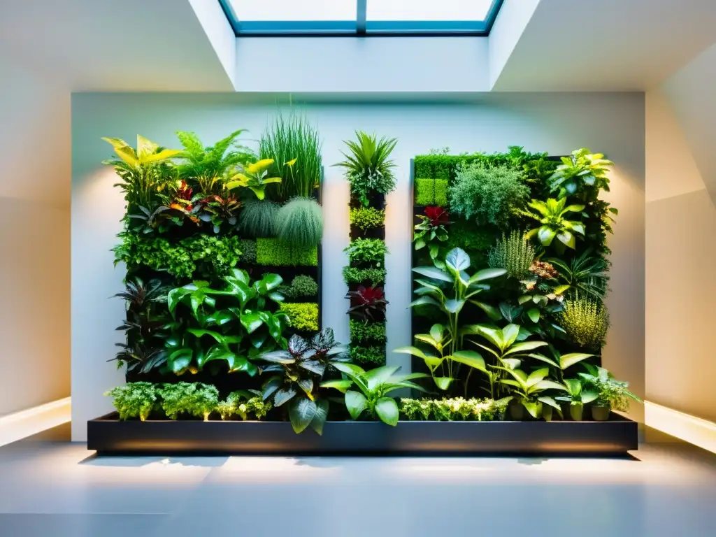 Un jardín vertical moderno y elegante, con plantas vibrantes y saludables en un diseño simétrico