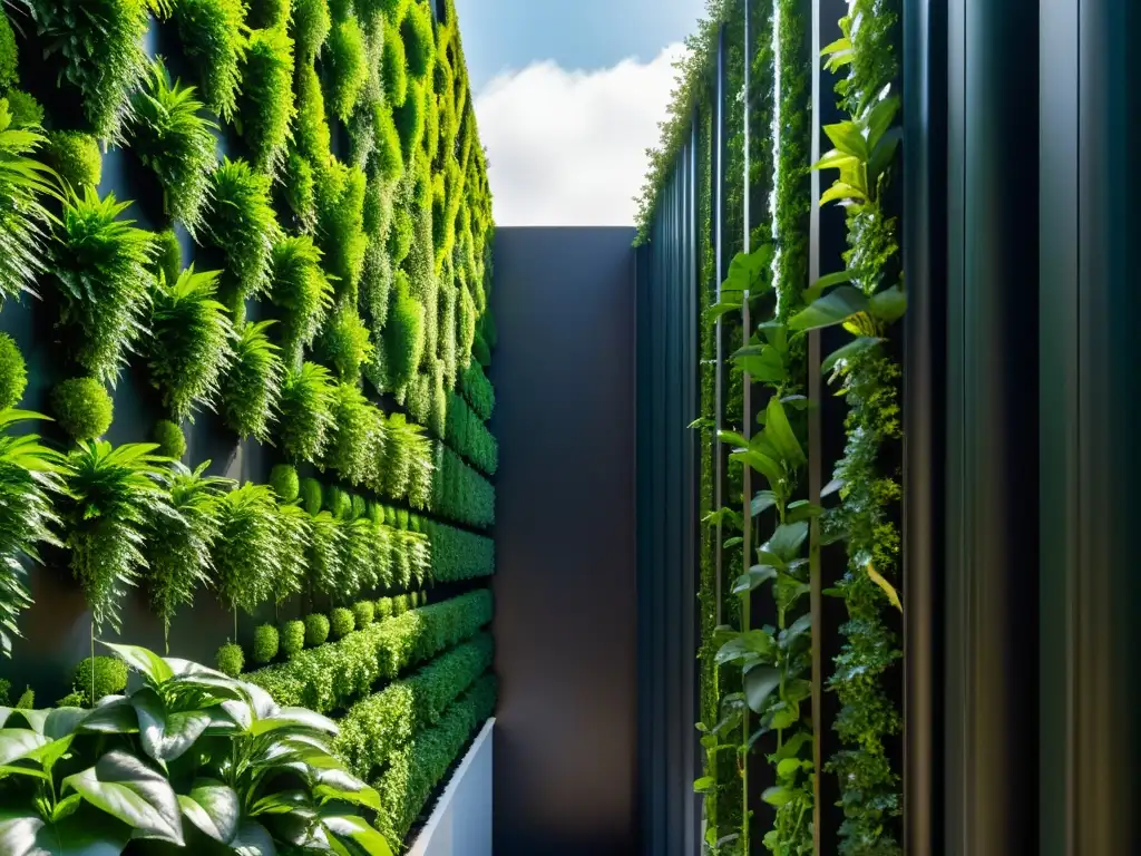 Un jardín vertical moderno y elegante con plantas exuberantes y un sistema de riego visible