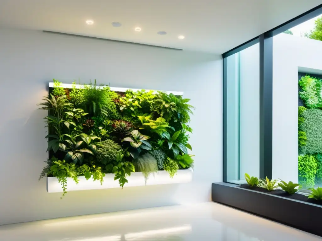 Un jardín vertical moderno y elegante con plantas exuberantes y sensores de CO2 futuristas