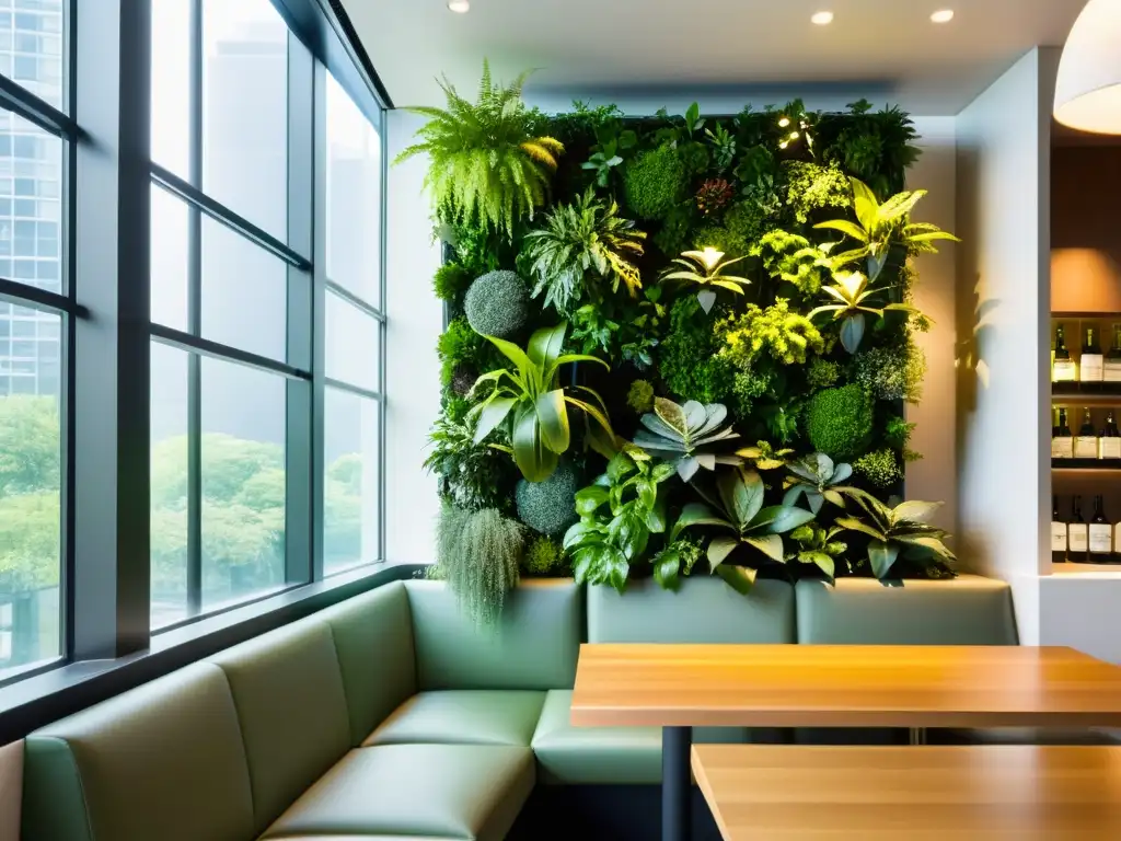 Un jardín vertical moderno y elegante en un restaurante urbano, con una variedad de plantas exuberantes en un diseño vertical