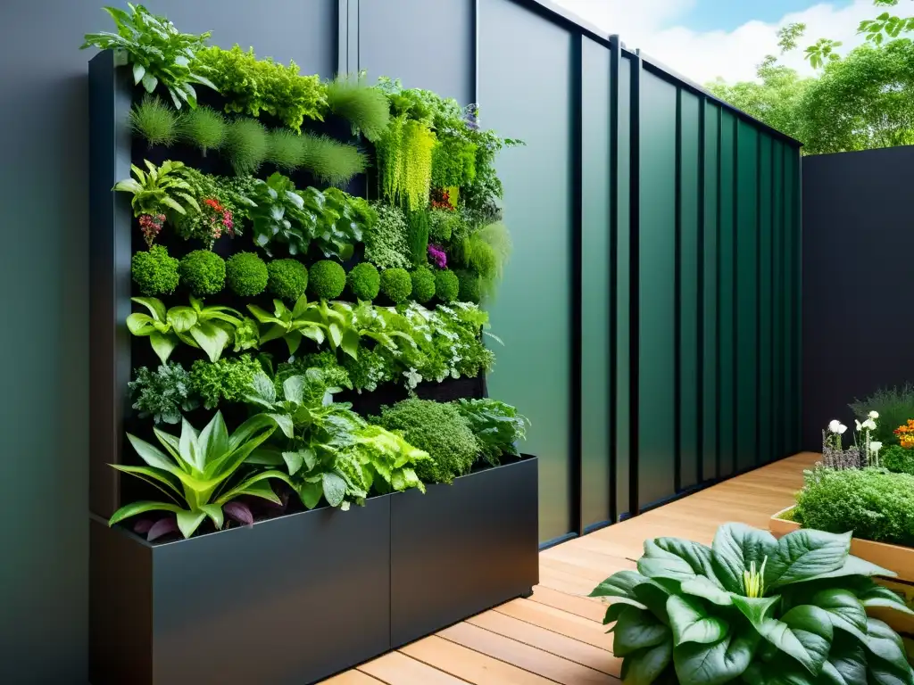 Un jardín vertical moderno y elegante con sistema de compostaje integrado