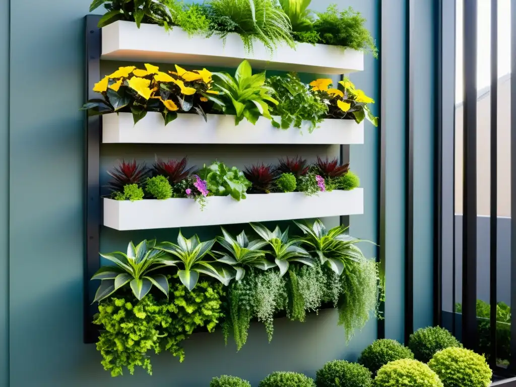 Un jardín vertical moderno y elegante con una variedad de plantas verdes vibrantes en un diseño modular, perfecto para huertos urbanos creativos