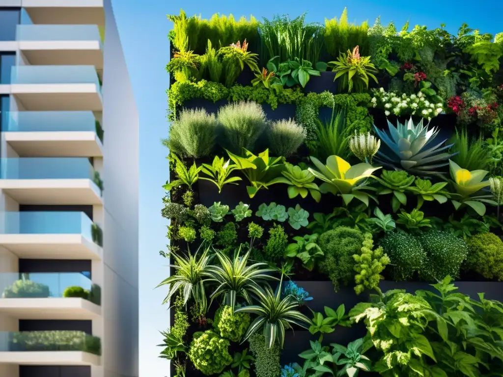 Un jardín vertical moderno y elegante con una variedad de plantas exuberantes y vibrantes, destacando los beneficios de los huertos verticales urbanos