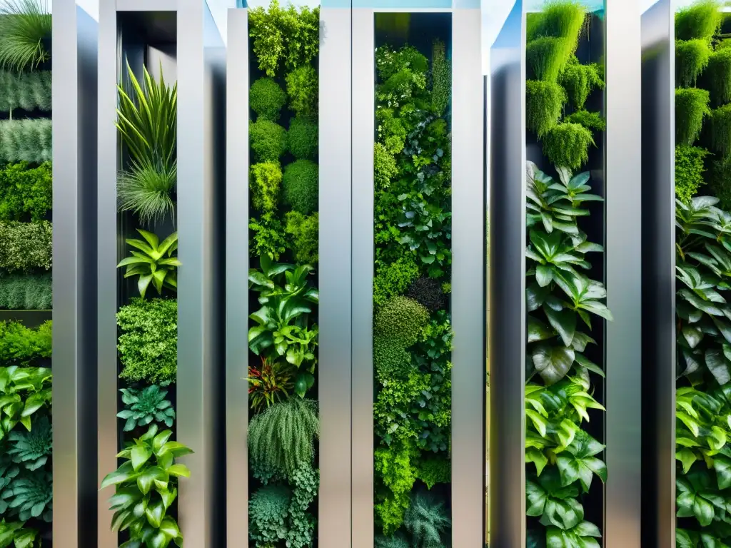 Un jardín vertical moderno y elegante con una variedad de exuberante vegetación, ideal para materiales recomendados para jardines verticales