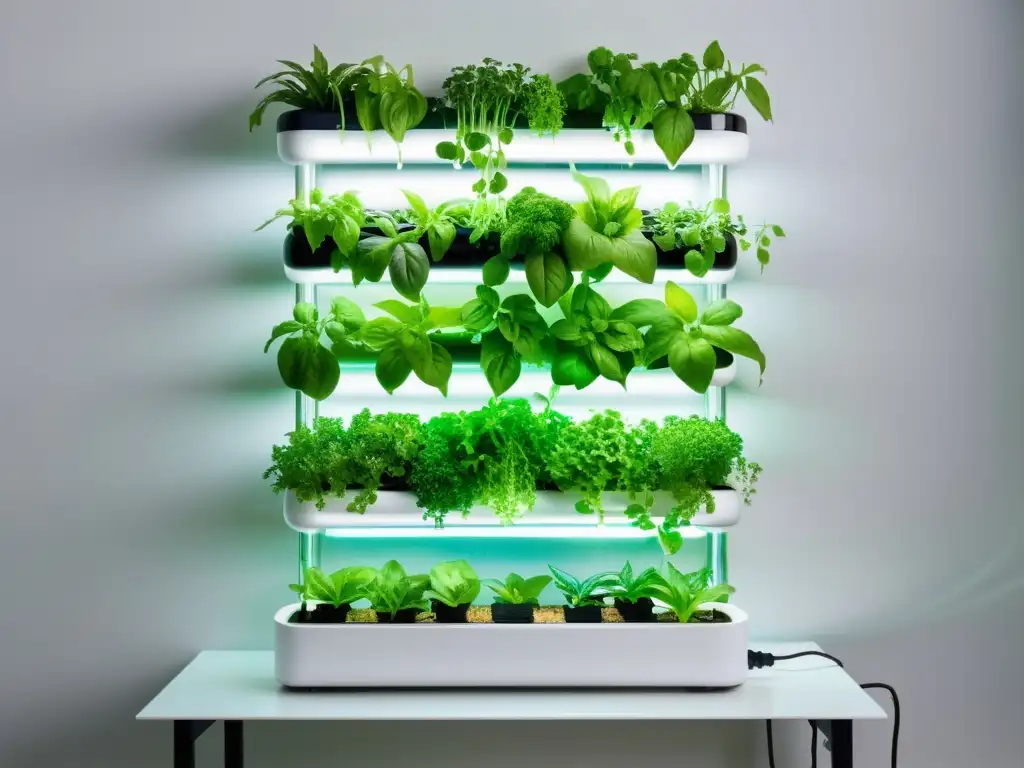 Un jardín hidropónico vertical moderno y elegante, con vegetales y hierbas vibrantes en tubos transparentes con agua nutriente