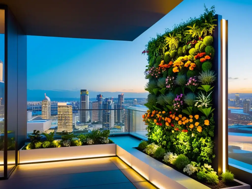 Un jardín vertical moderno y elegante con vegetación vibrante y flores coloridas, contrastando con un paisaje urbano futurista