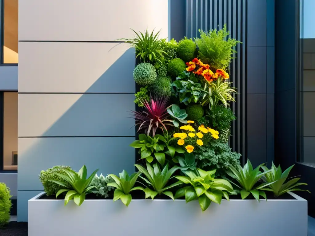 Un jardín vertical moderno con elegantes maceteros geométricos en contraste con una fachada minimalista