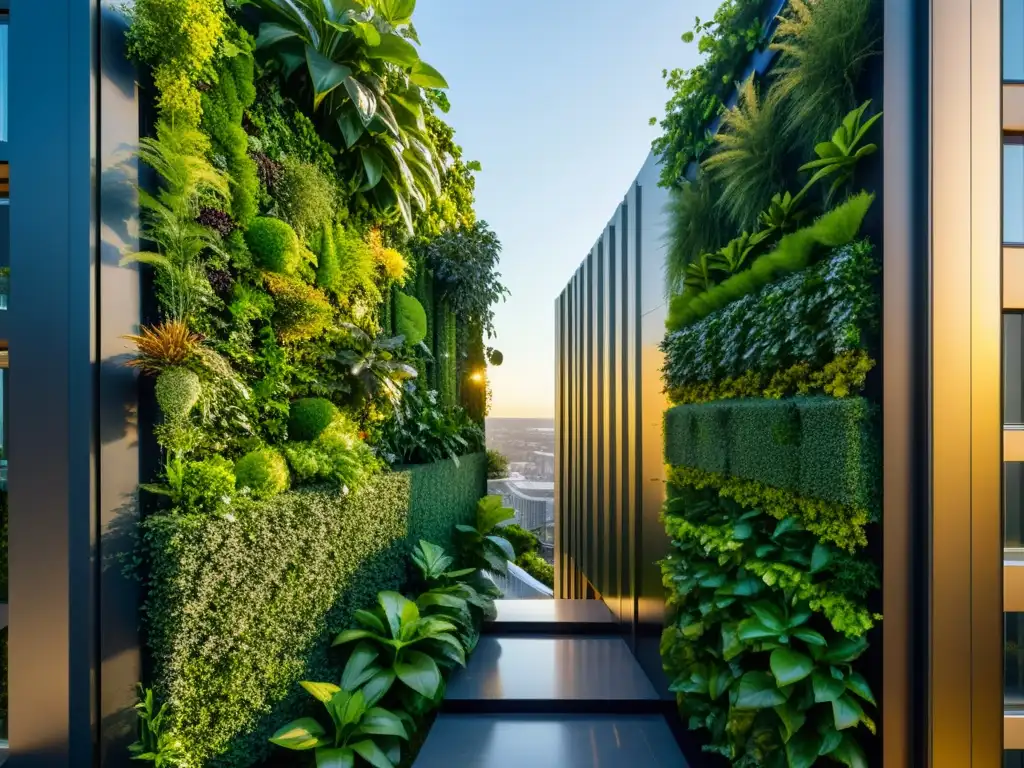 Un jardín vertical moderno con energía renovable y exuberante vegetación, contrastando con la arquitectura limpia
