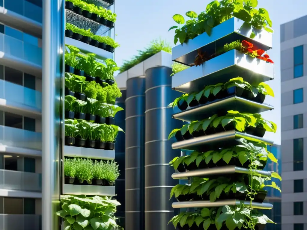 Un jardín de acuaponía vertical moderno en un entorno urbano, con elegantes torres metálicas que alcanzan hacia el cielo