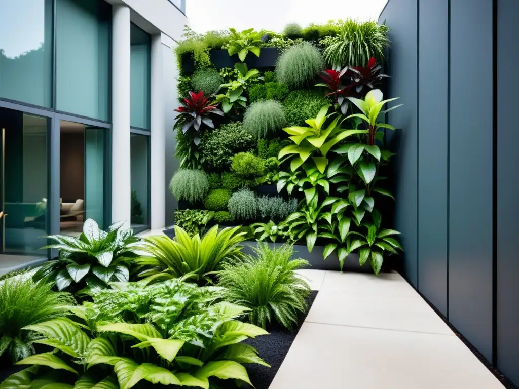 Un jardín vertical moderno en un entorno urbano, con una variedad de plantas exuberantes y vibrantes en contraste con un telón de fondo minimalista