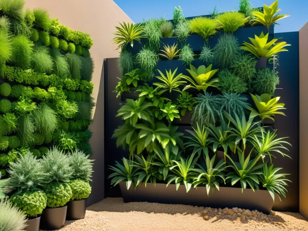 Un jardín vertical moderno en un entorno urbano desértico, con un sistema de riego avanzado para el cultivo en huertos verticales zonas áridas