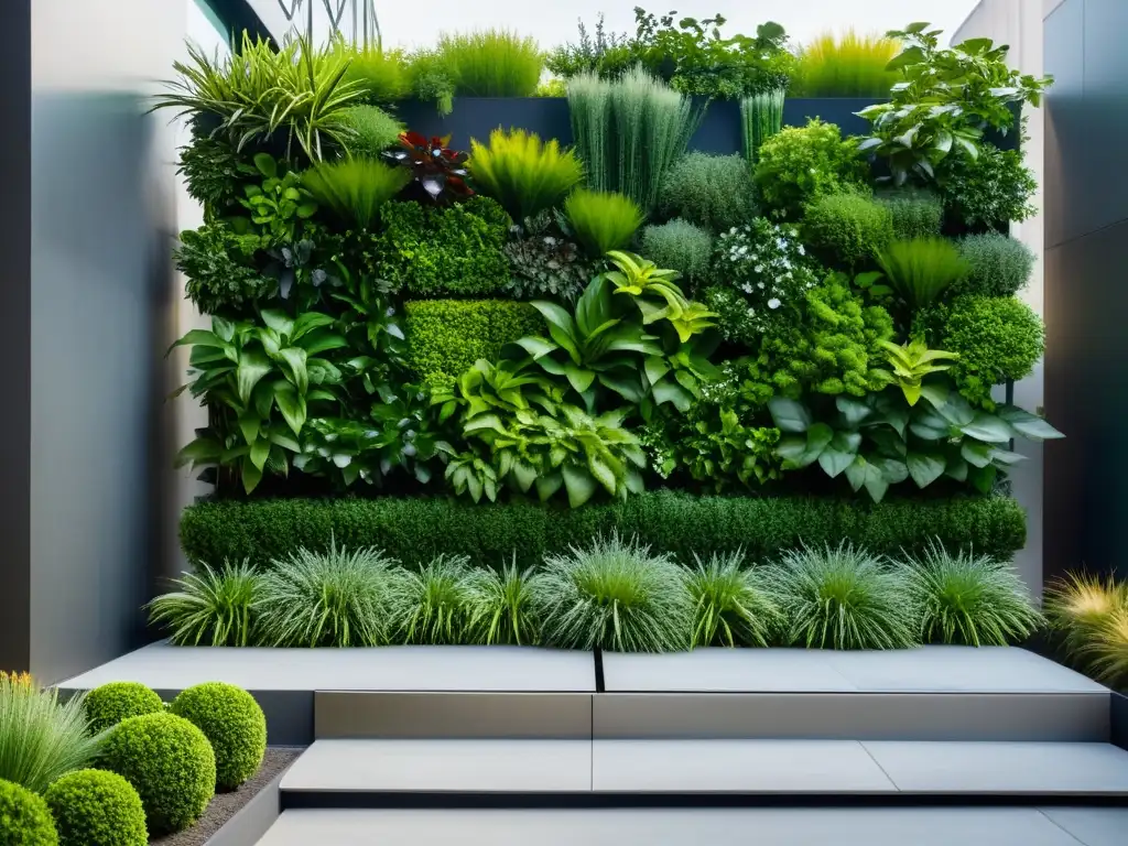 Un jardín vertical moderno en un entorno urbano frío, con manejo de huertos verticales en frío, vibrante y elegante