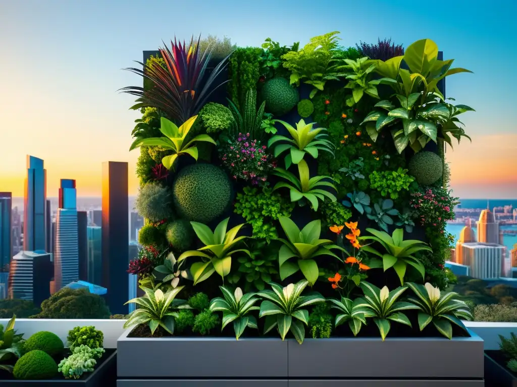 Un jardín vertical moderno y escalable con una variedad de plantas exuberantes, contra un paisaje urbano contemporáneo