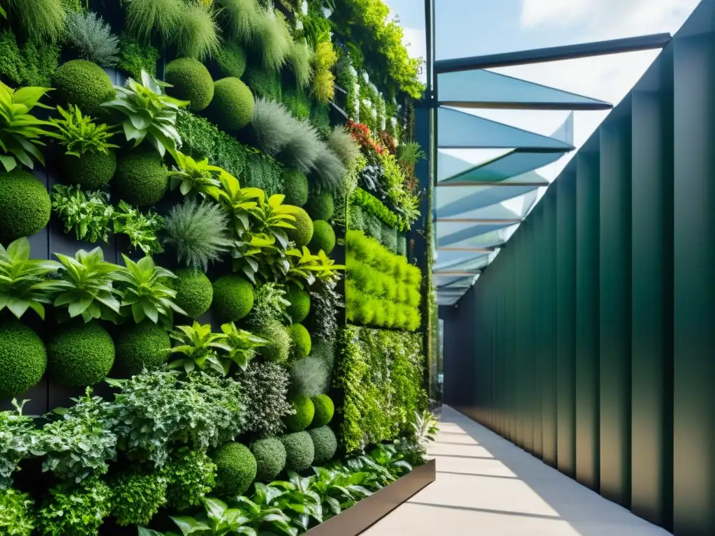 Un jardín vertical moderno en espacio público, con plantas verdes en patrón geométrico