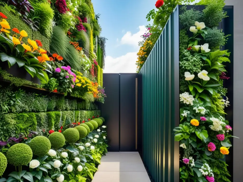 Un jardín vertical moderno y exuberante con beneficios terapéuticos, contrastando con la arquitectura urbana