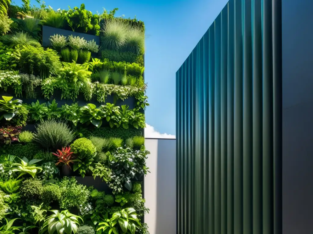 Un jardín vertical moderno y exuberante en la ciudad, muestra la armonía entre naturaleza y modernidad, beneficios huertos verticales sostenibilidad