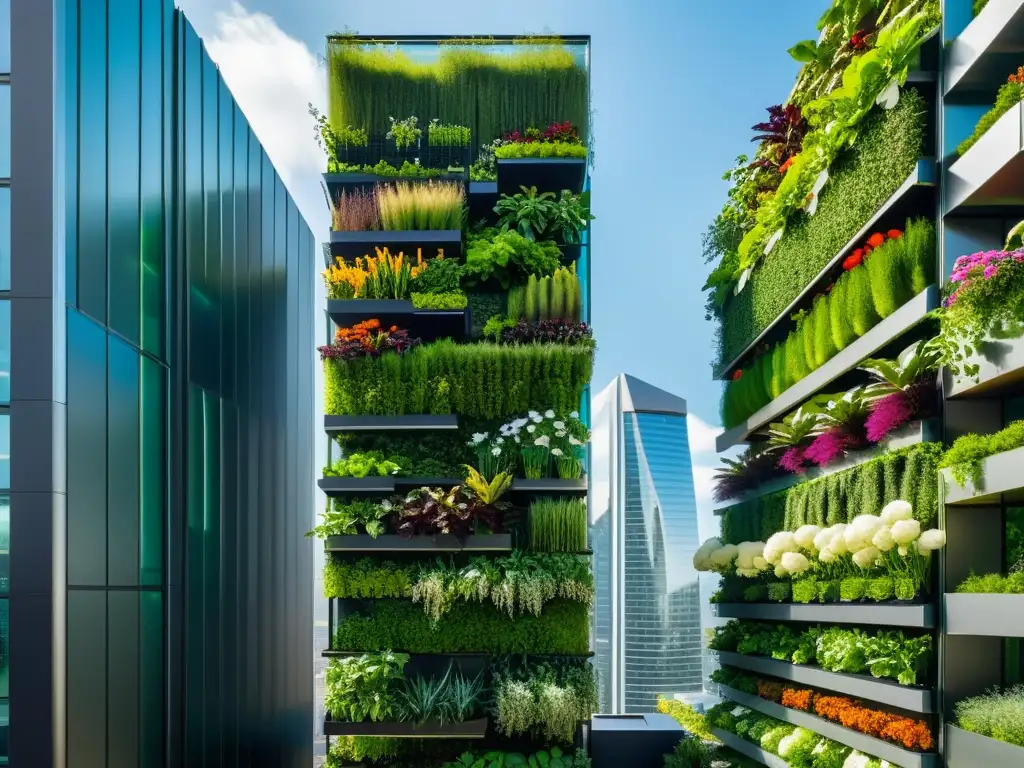 Un jardín vertical moderno y exuberante en un edificio urbano, reflejando la fusión entre naturaleza y ciudad