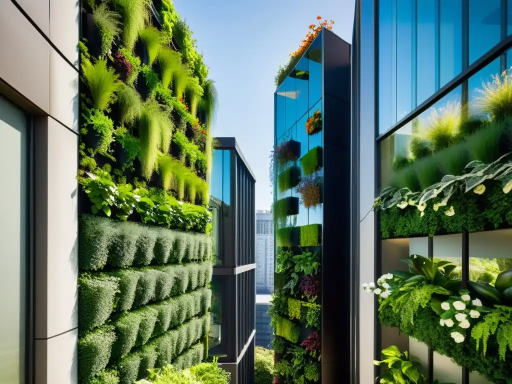 Un jardín vertical moderno y exuberante en un edificio urbano, fusionando naturaleza y arquitectura