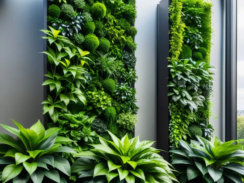 Un jardín vertical moderno y exuberante contra un fondo urbano limpio, resaltando la frescura y la vitalidad de las plantas